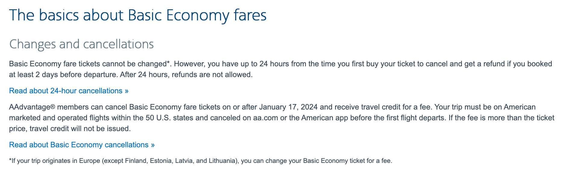 American Airlines cancellation policy for basic economy fares