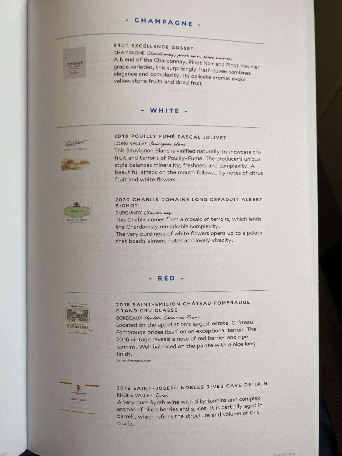 air france business class wine list