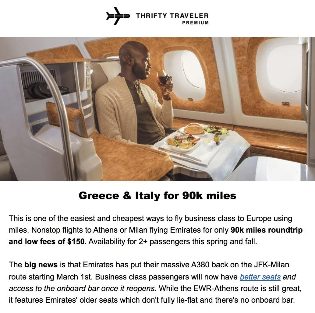 emirates a380 award space thrifty traveler deal