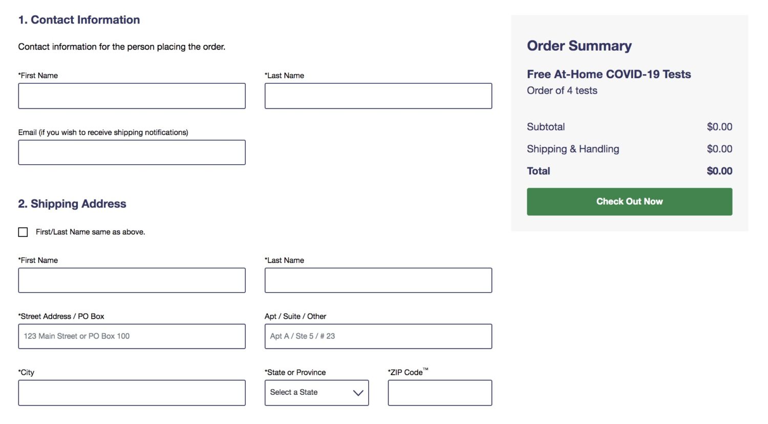 free covid tests entry form