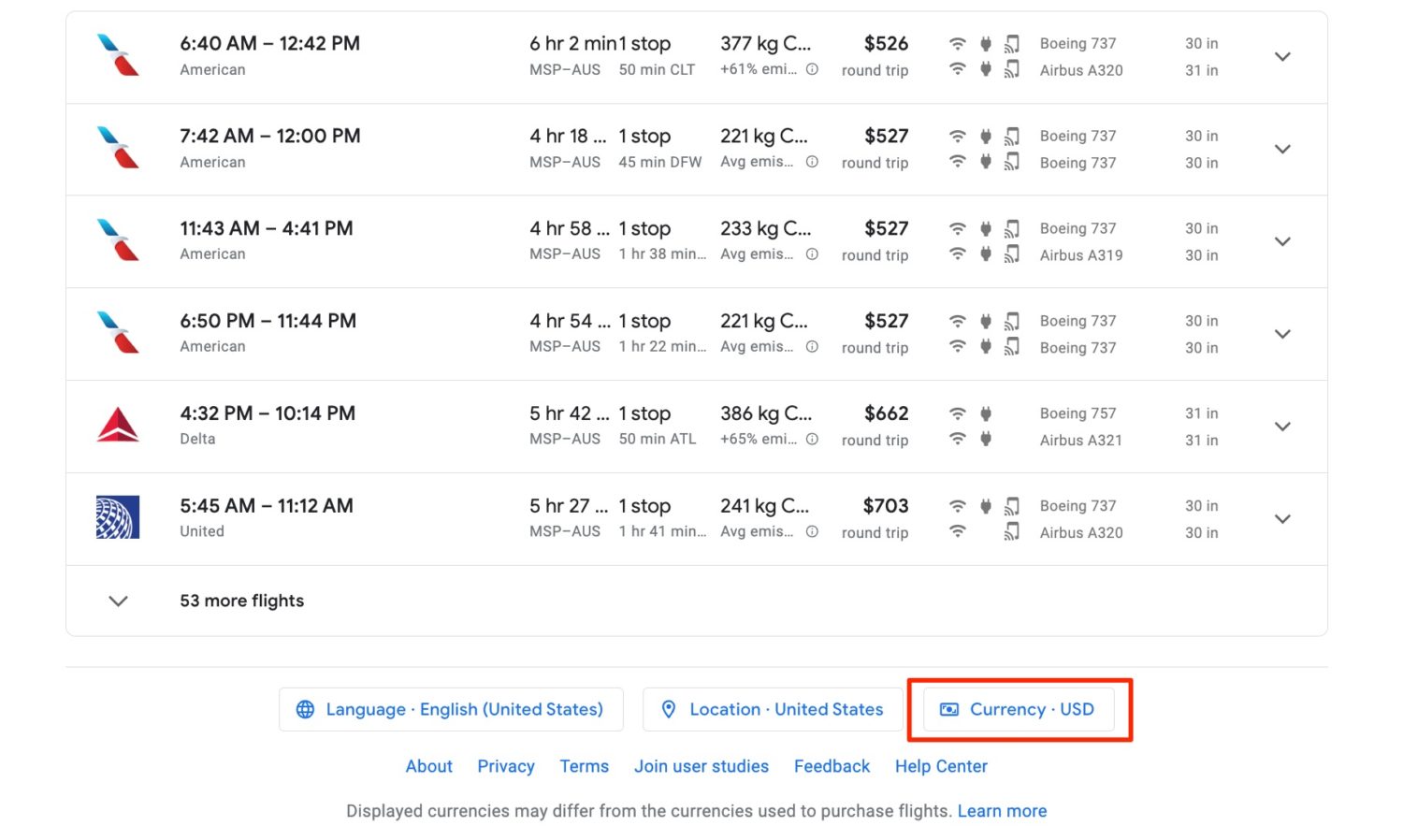 google flights currency change