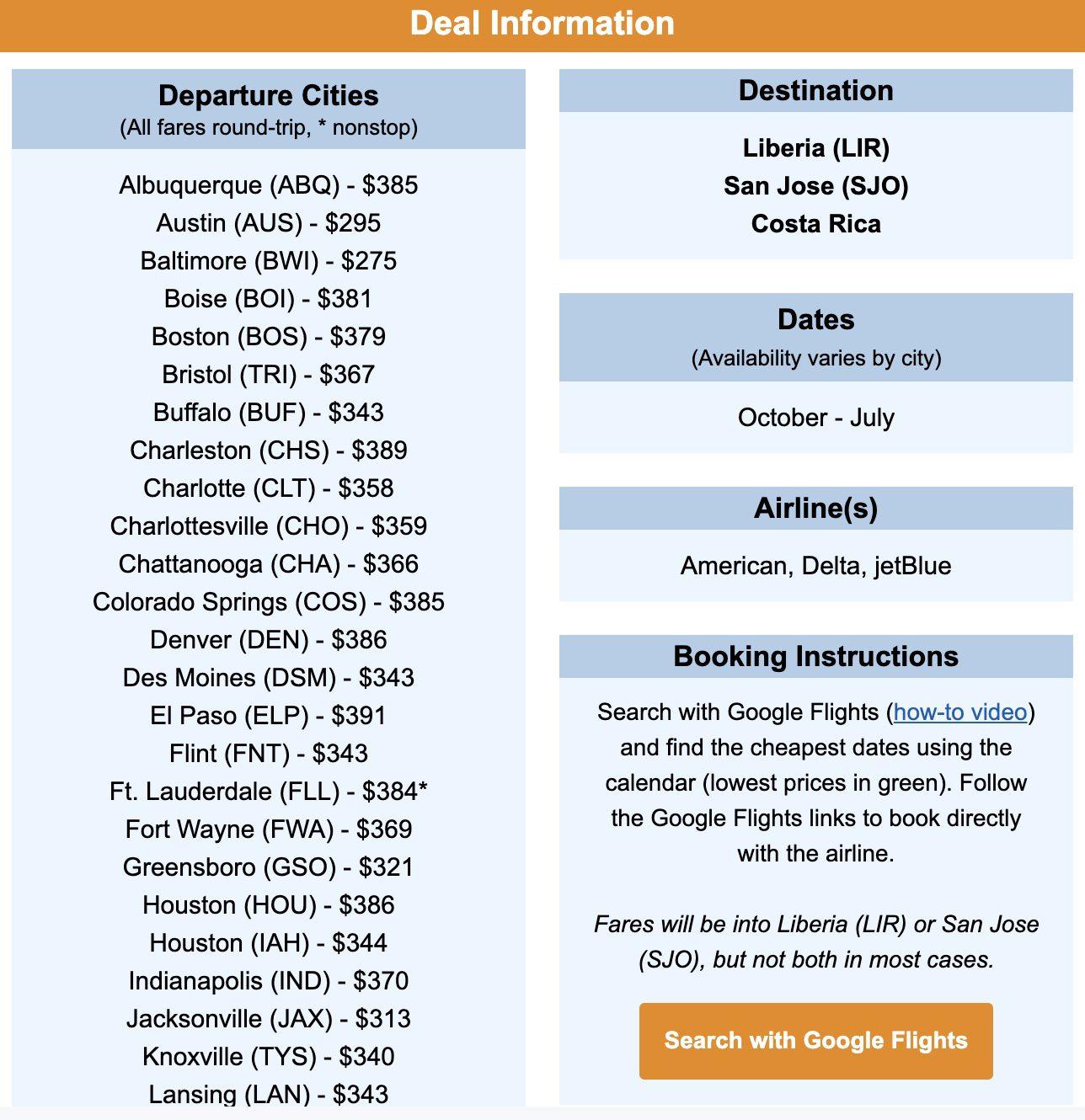 Costa Rica flight deal