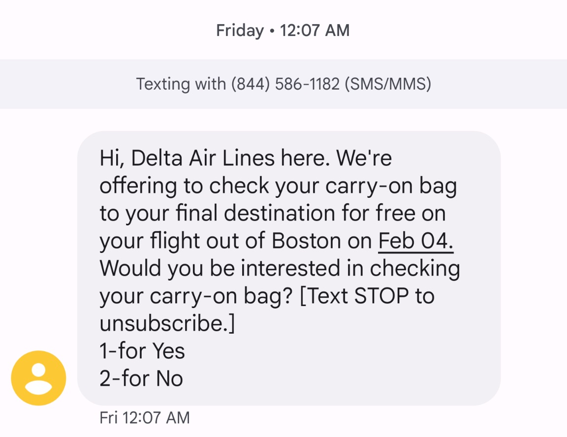 delta text free checked bag