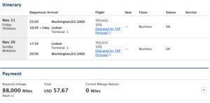 business class flights to europe for 88k miles round-trip
