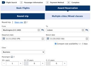 ANA award search round trip