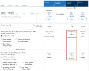 united award search mixed cabin fare class