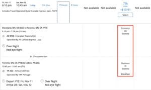 united award search mixed cabin fare class