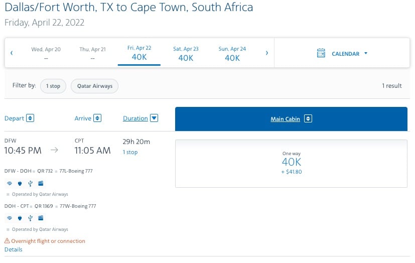 aa miles dallas to cape town