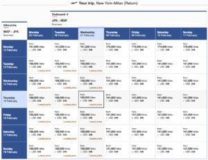 Emirates award search with flexible dates in business class