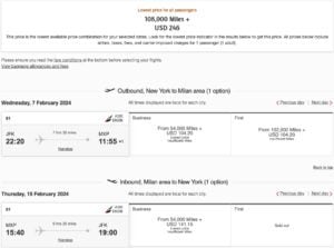 New York to Milan for 108k Emirates miles roundtrip in business class