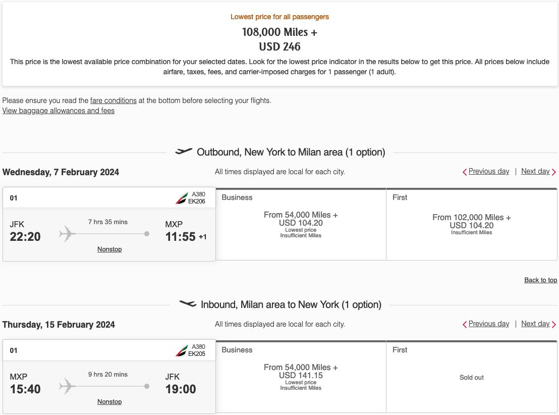 New York to Milan for 108k Emirates miles roundtrip in business class