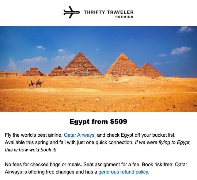 thrifty traveler premium alert to egypt from $509