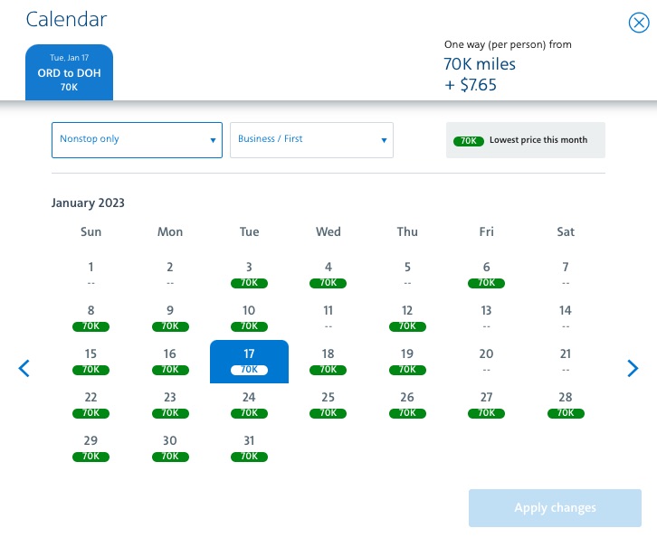 american airlines calendar award view