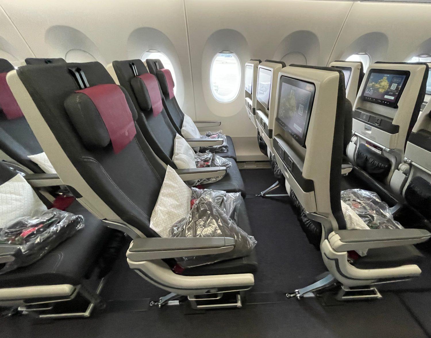 rows of economy seats on a plane from the side, showing legroom