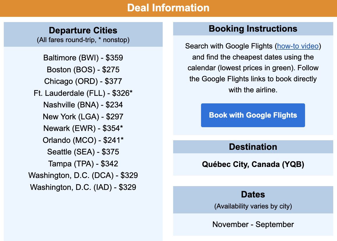 quebec city flight deal information