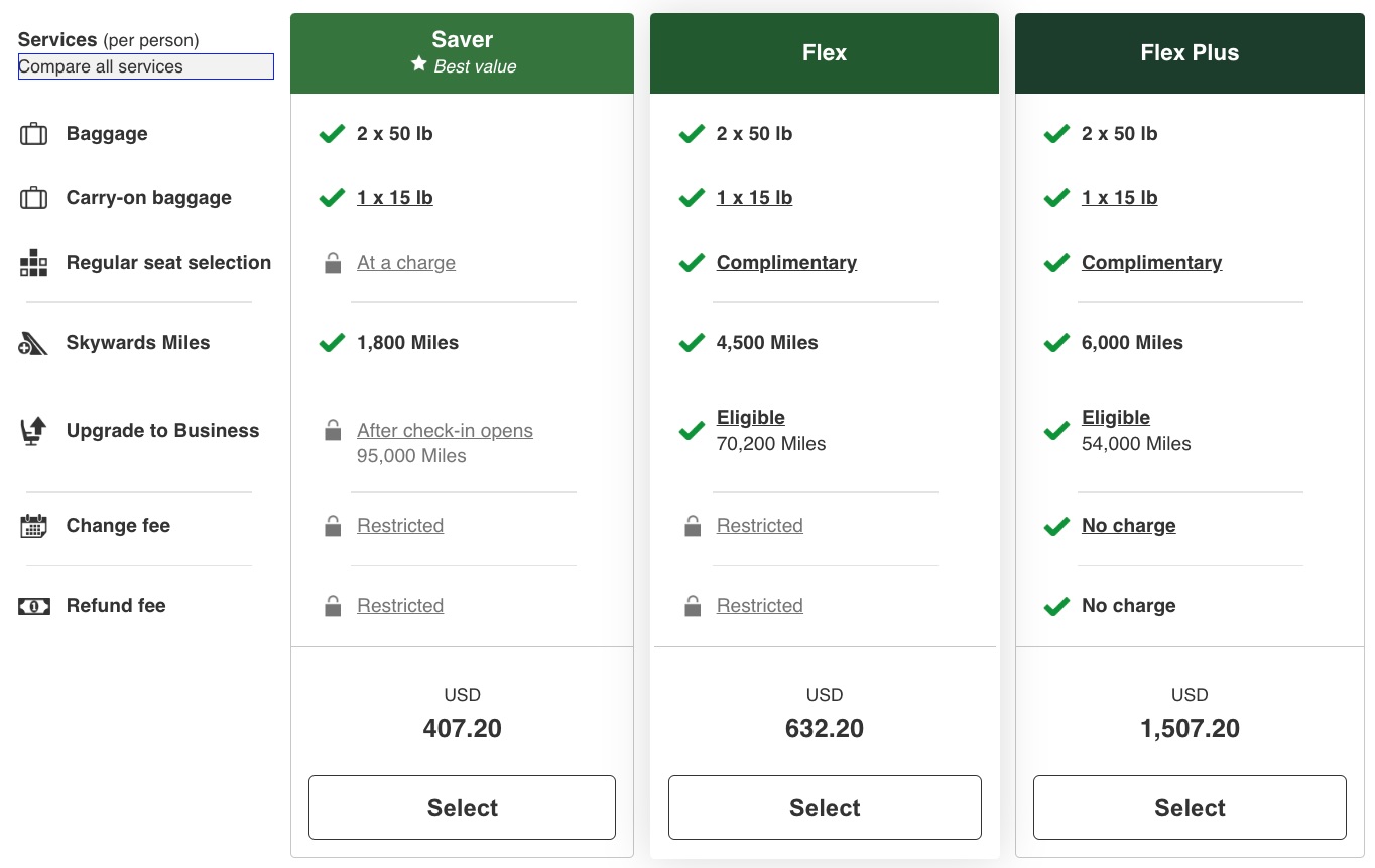 emirates economy fare selection