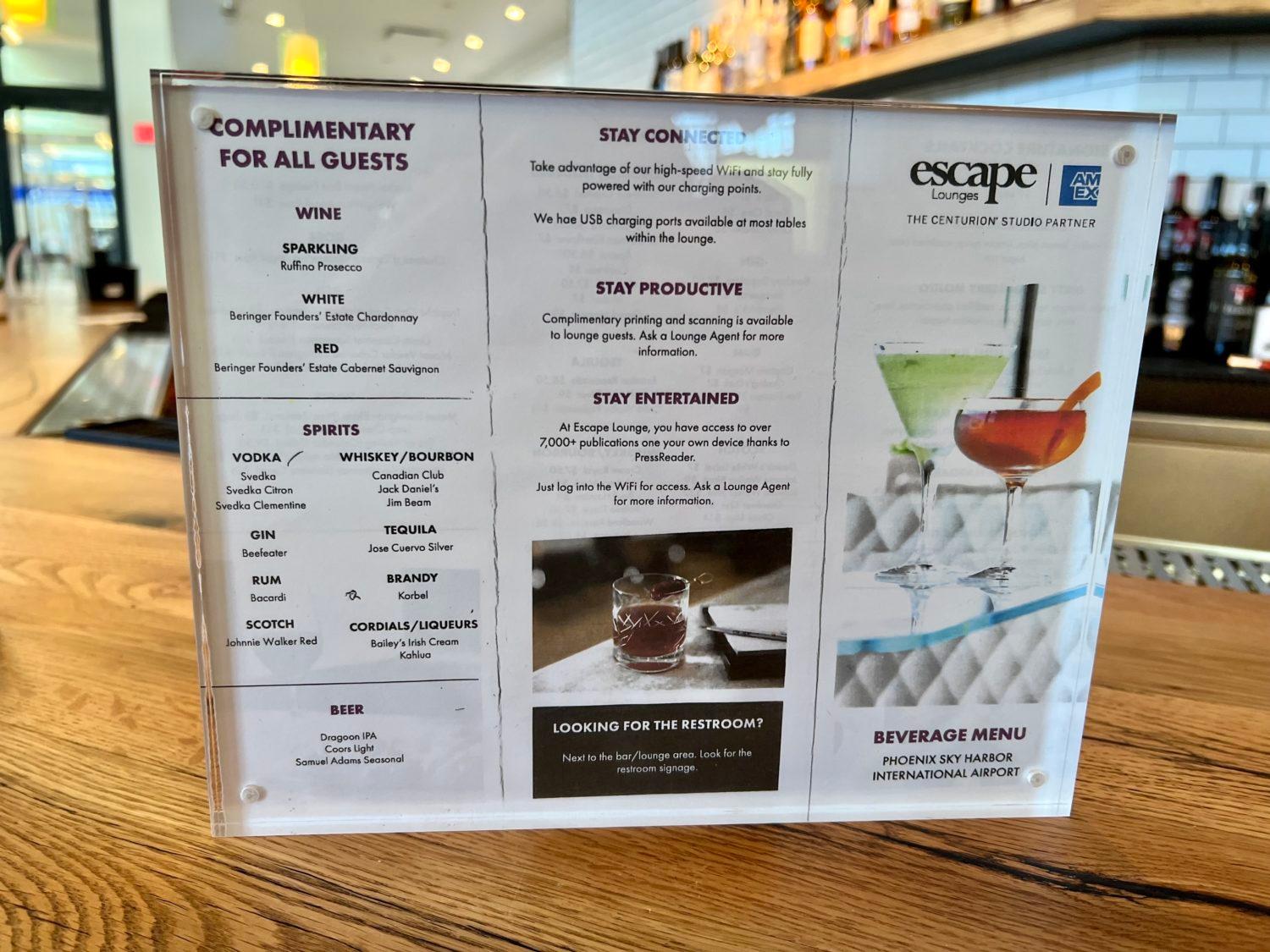 escape lounge bar menu