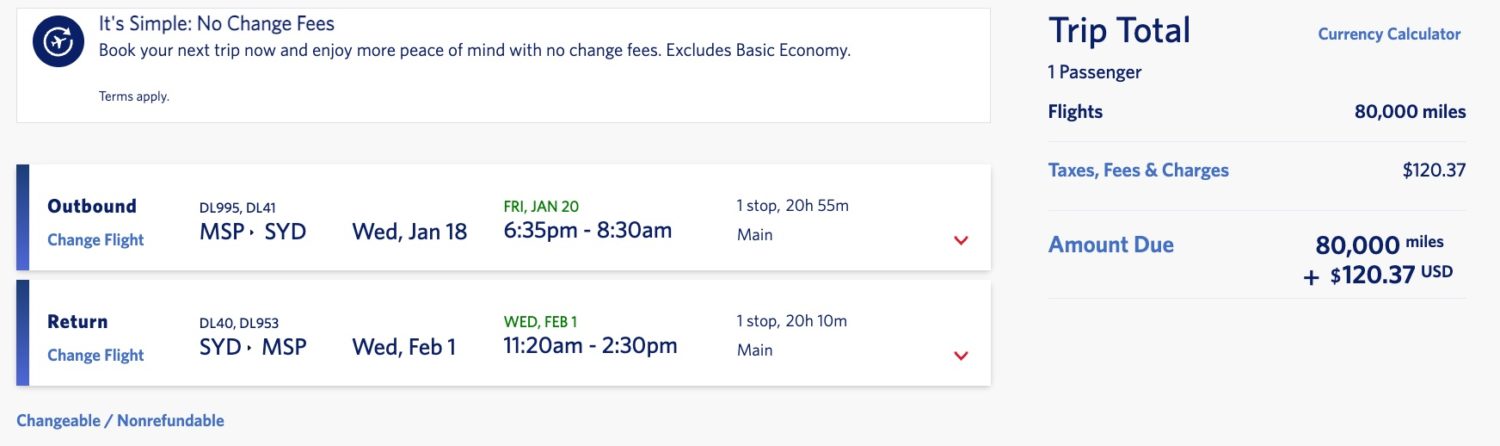 minneapolis to sydney delta skymiles deal