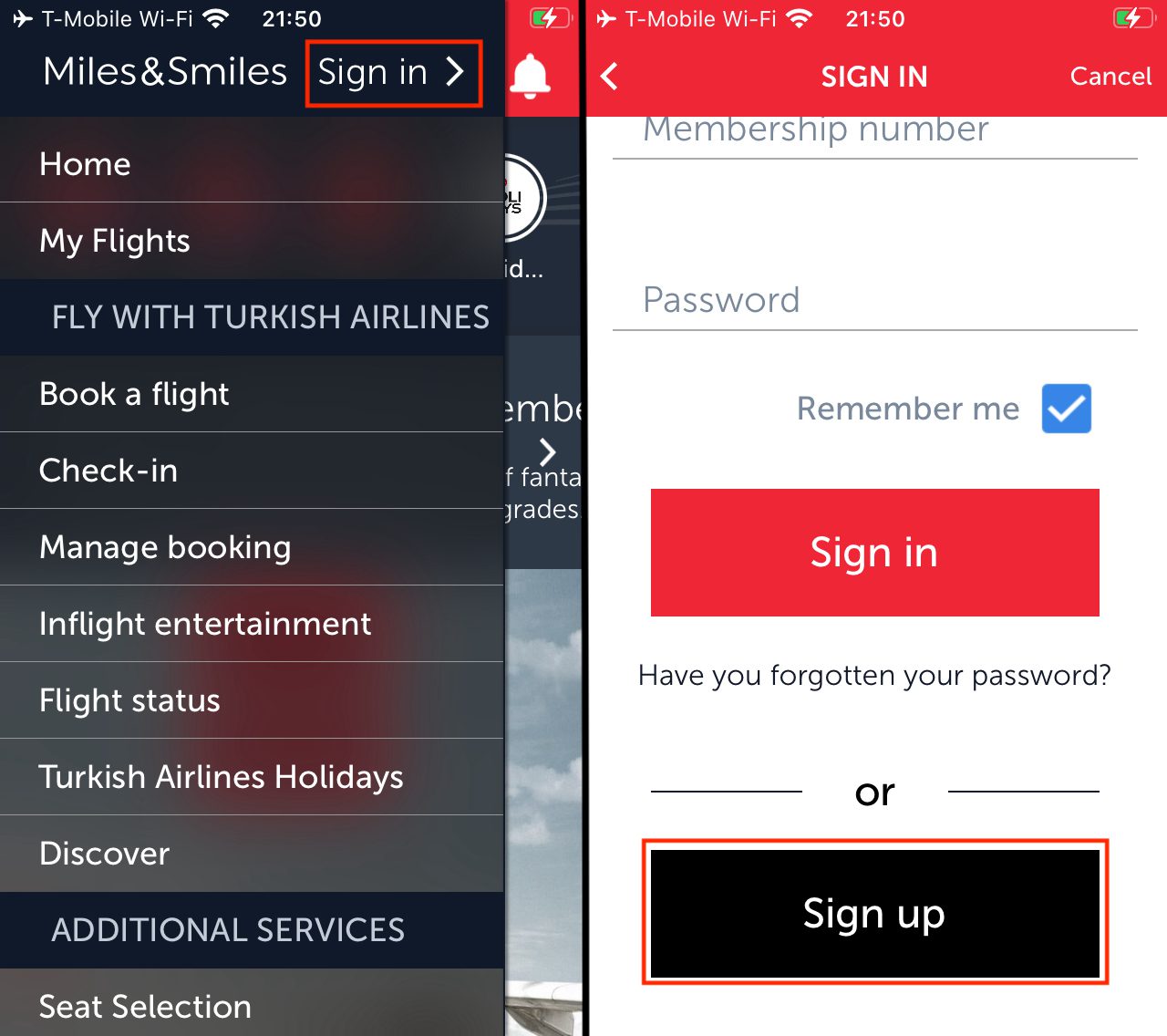 Signing up for turkish miles and smiles with mobile app