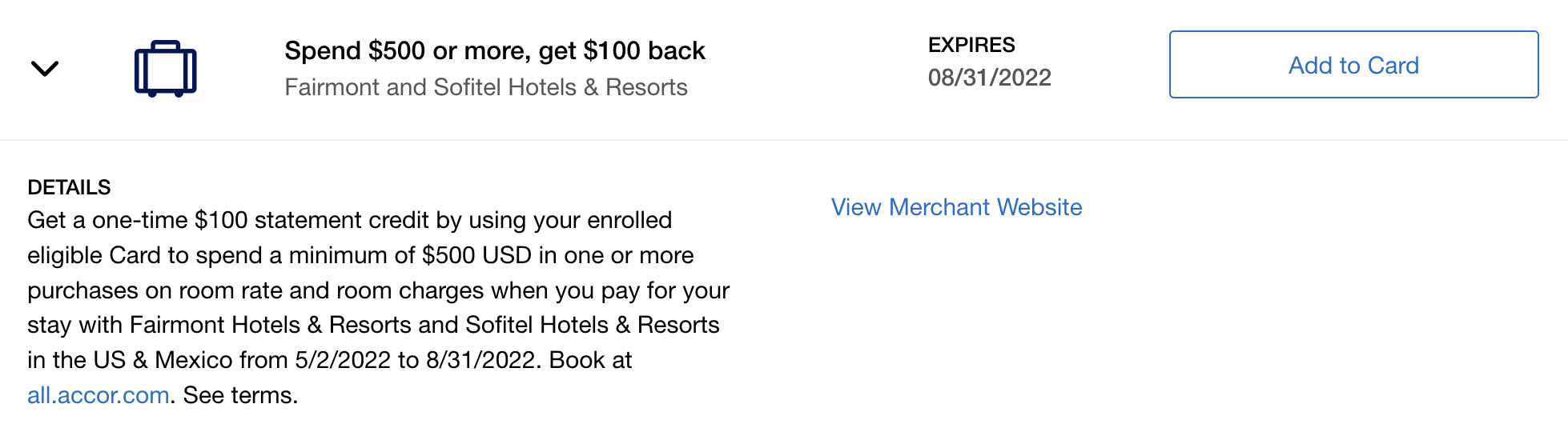 Fairmont Hotels Amex Offer Spend 500 or More, Get 100 Back