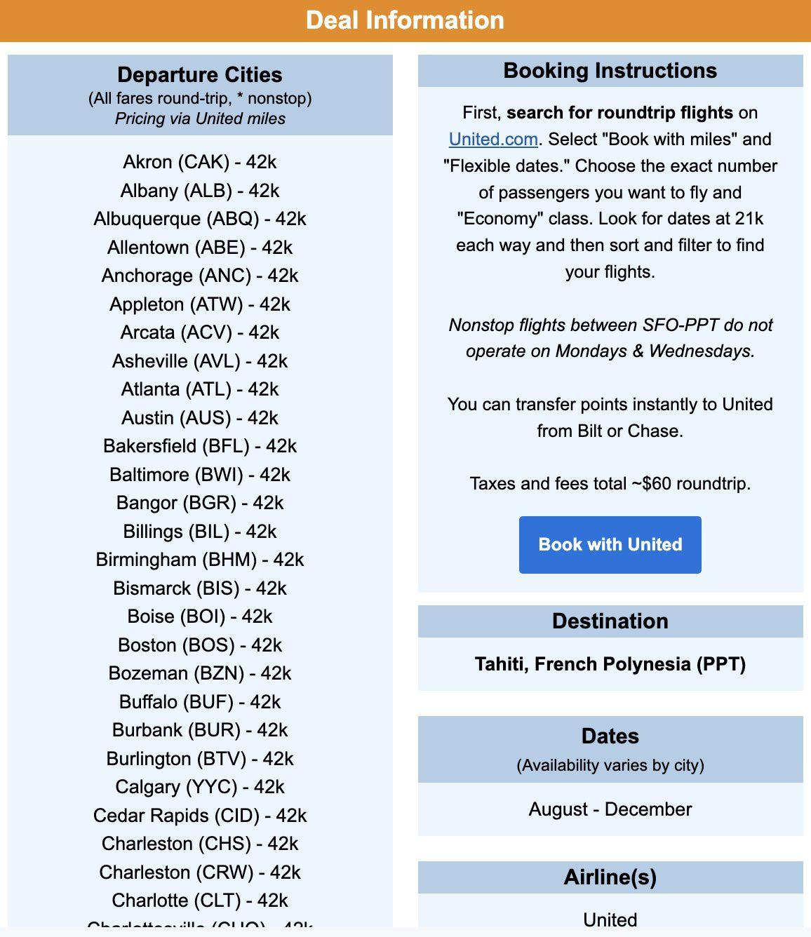 United miles flight deal to Tahiti