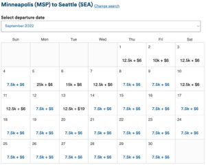 alaska miles calendar view of minneapolis to seattle flights