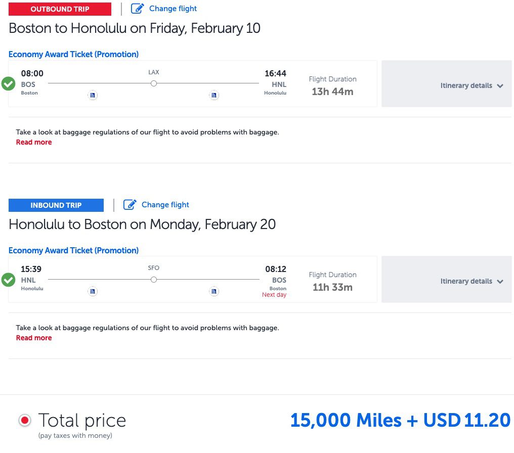 boston to honolulu on United using turkish miles