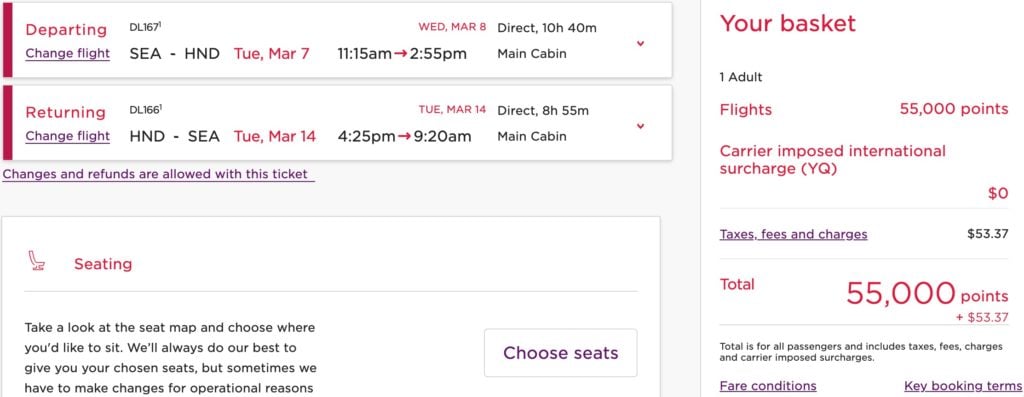 Seattle to Tokyo on Delta using Virgin miles