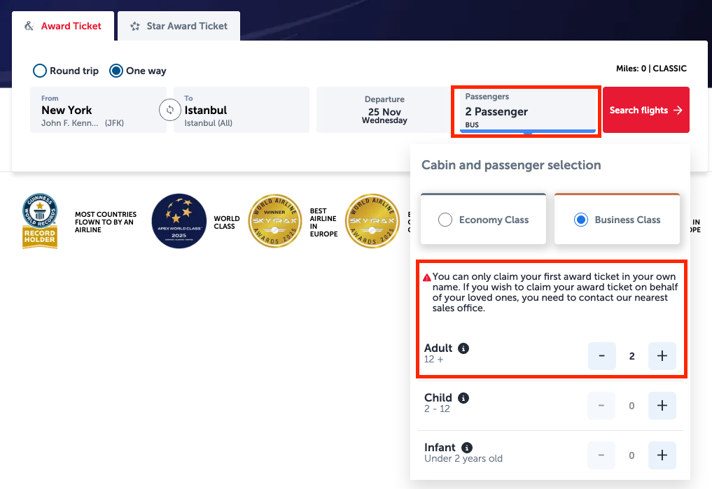 Turkish Airlines Miles & Smiles: The Best Way to Fly to Türkiye 18 Message about booking two passengers on Turkish's website