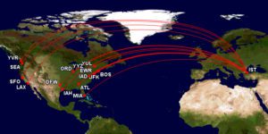 map of where turkish airlines flies in the U.S. and Canada