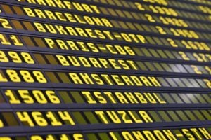 airport departure board with Europe flights