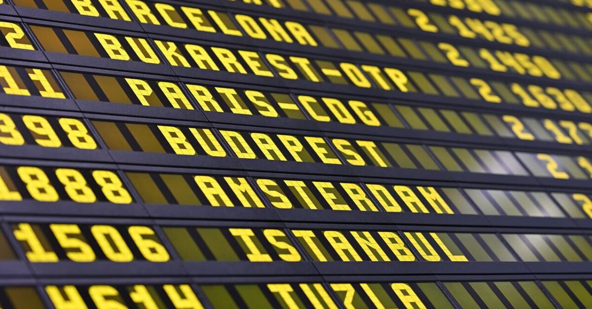 airport departure board with Europe flights