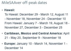 American off peak award travel dates for flights to europe