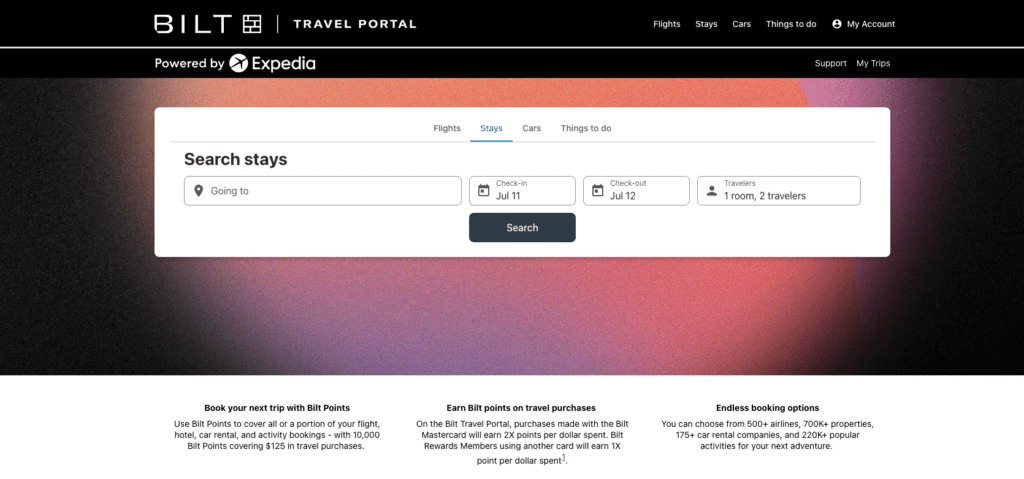 bilt rewards travel portal home page