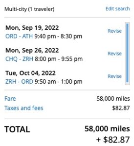 chicago to greece and switzerland multi-city trip using United miles