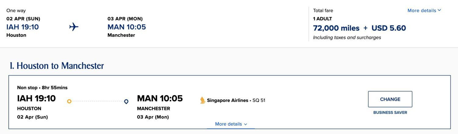 iah to man singapore business class availability