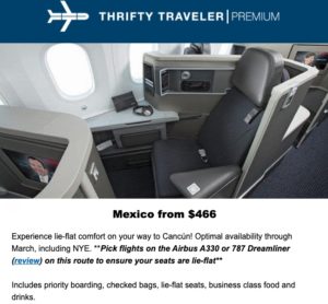 thrifty traveler premium business class deal to cancun