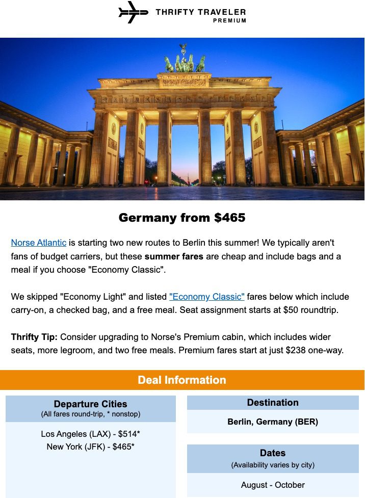 thrifty traveler premium deal to germany on Norse Atlantic