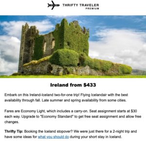 thrifty traveler premium deal to Ireland and Iceland