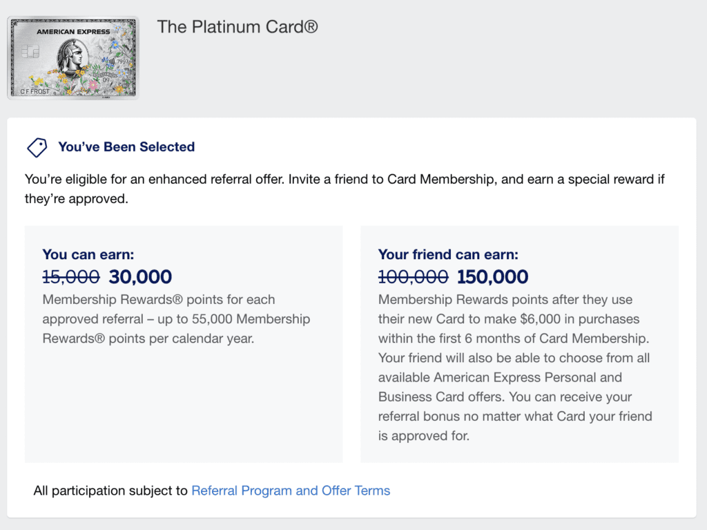 amex platinum targeted referral referrer bonus