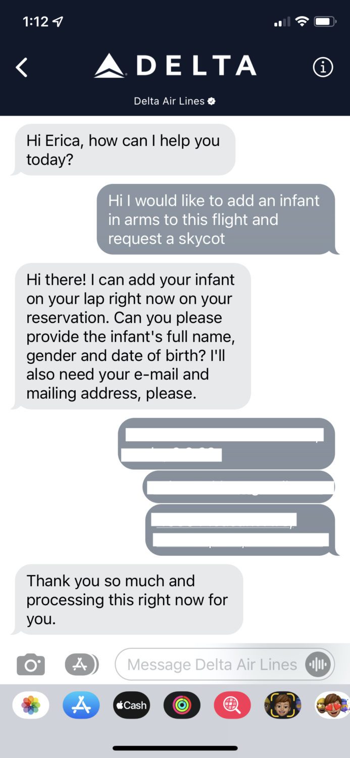 Delta Direct Message to add infant in arms
