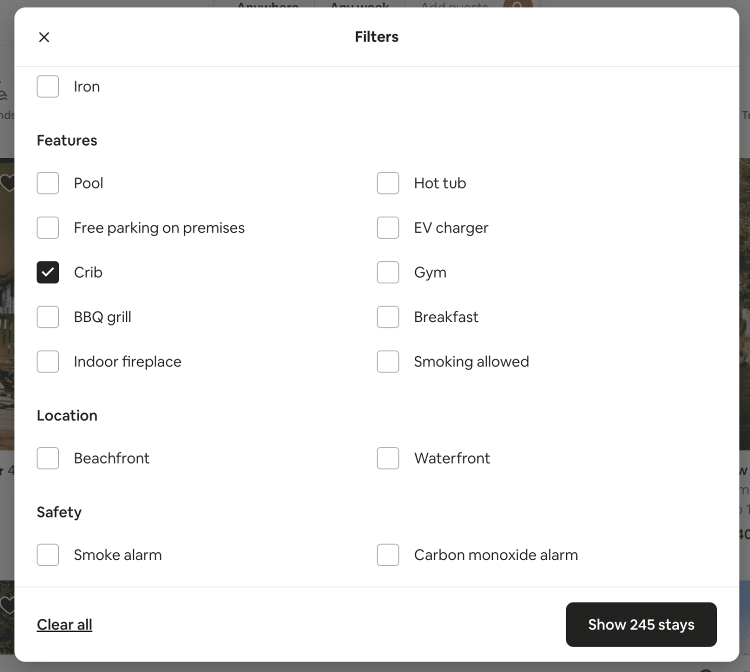 Airbnb crib feature filter