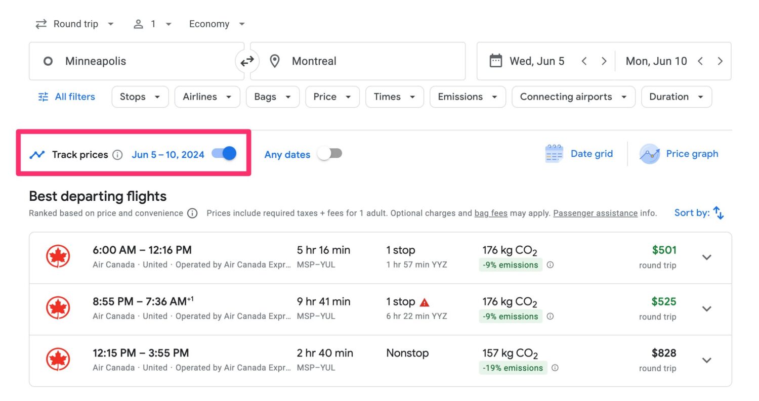 Google Flights price alert for June 2024 flights