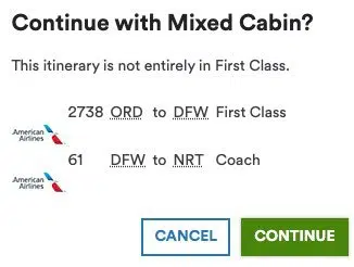 continue with mixed cabin? this itinerary is not entirely in first class 