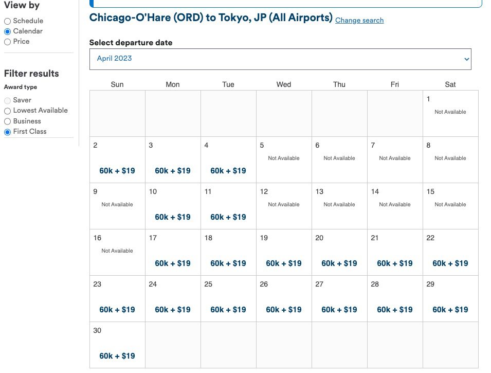 Alaska Airlines award search first class calendar view for flights from Chicago to Tokyo