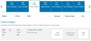 british airways award search one week view