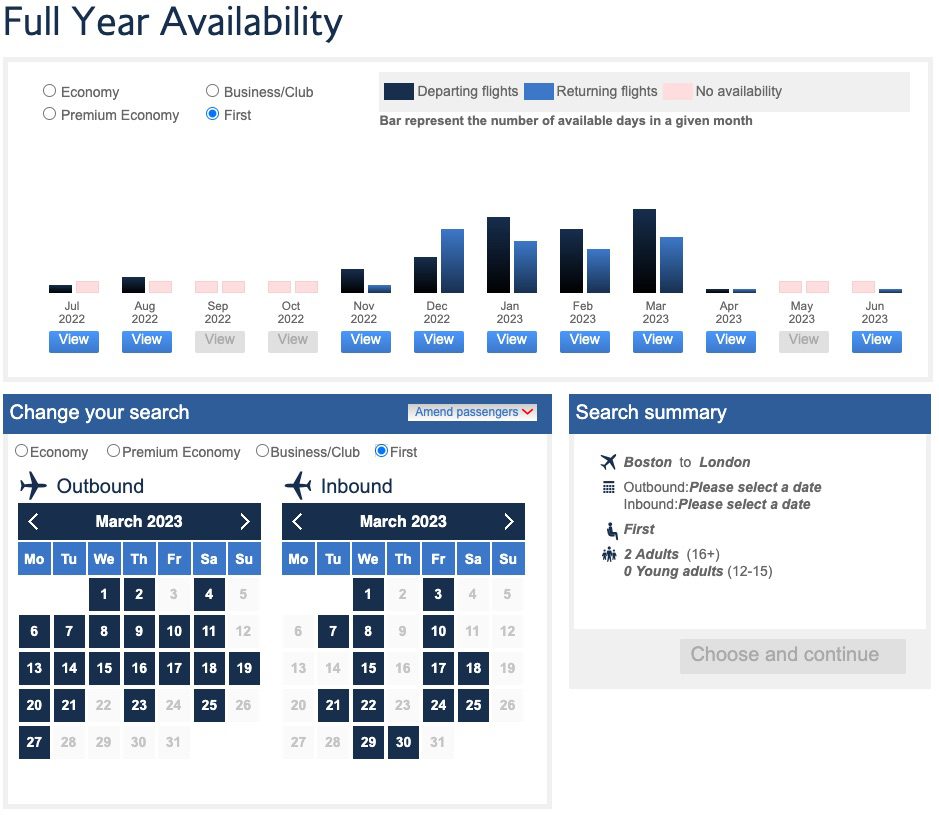 british airways full year availability