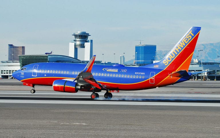 southwest airlines plane touching down