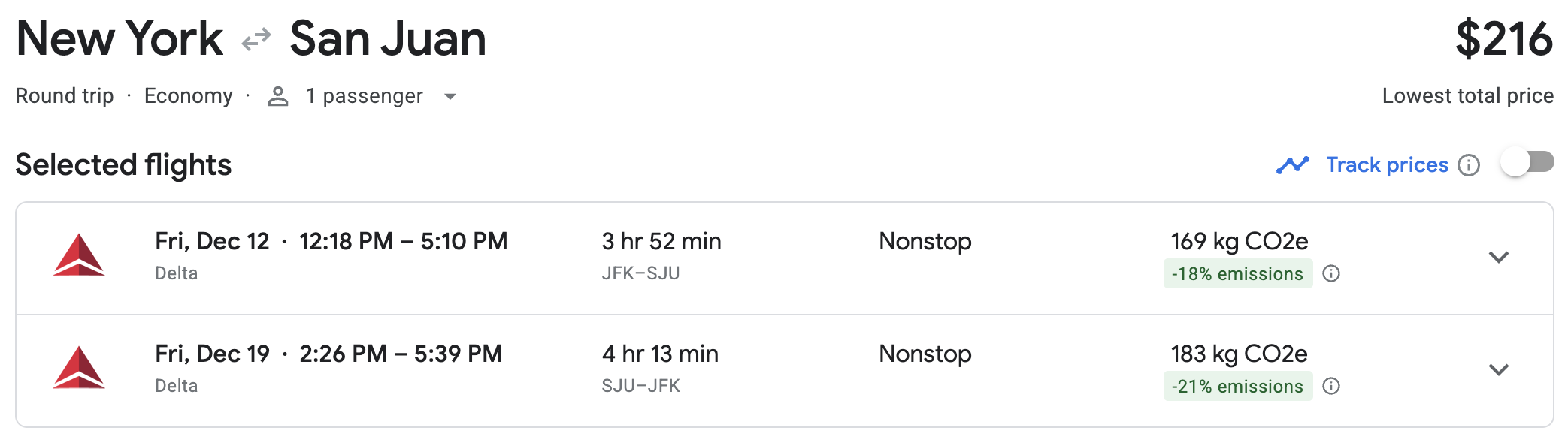 Google Flights screenshot of a deal from JFK-SJU for $216 flying Delta nonstop.