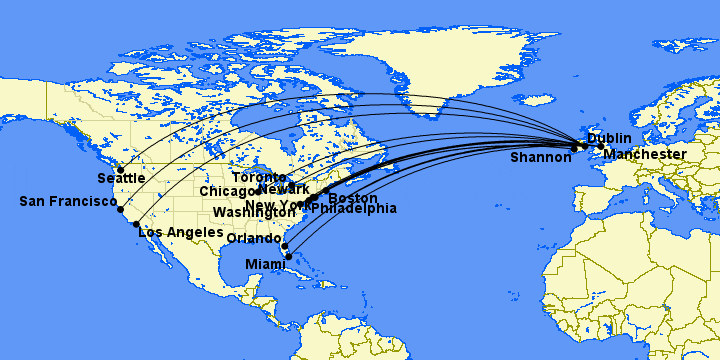 aer lingus route map north america airports